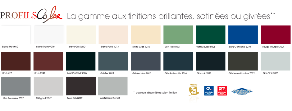 Profils Color, 22 teintes en finitions brillantes, satinées ou givrées Profils Color, 22 teintes en finitions brillantes, satinées ou givrées