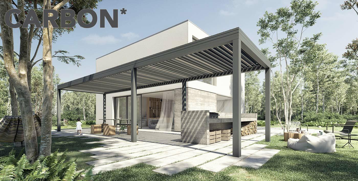 CARBON, une pergola aux teintes organiques qui évoque des terres arides, des ocres, des écorces d’arbres, du feu... 