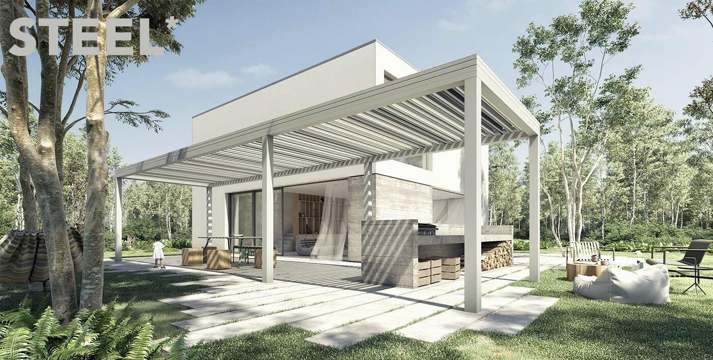 GRAPHITE, une pergola alu 4 couleurs aux teintes froides inspirées des sommets enneigés, de ciels lumineux par temps clairs... 